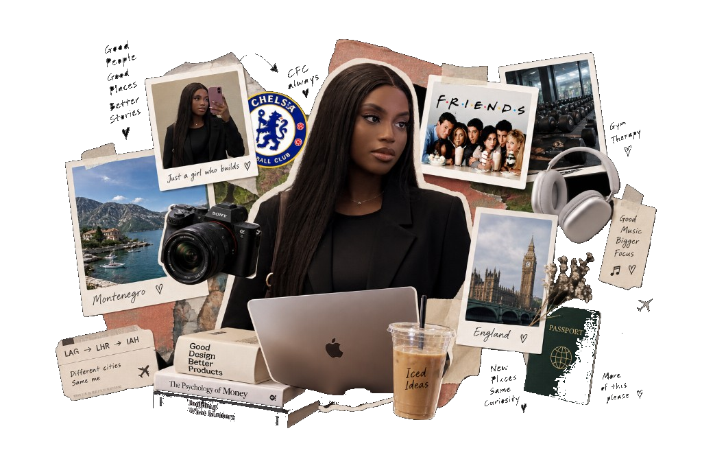 Collage of Ola with polaroids from Montenegro and England, Chelsea, Friends, the gym, a camera, and the books and tools she works with